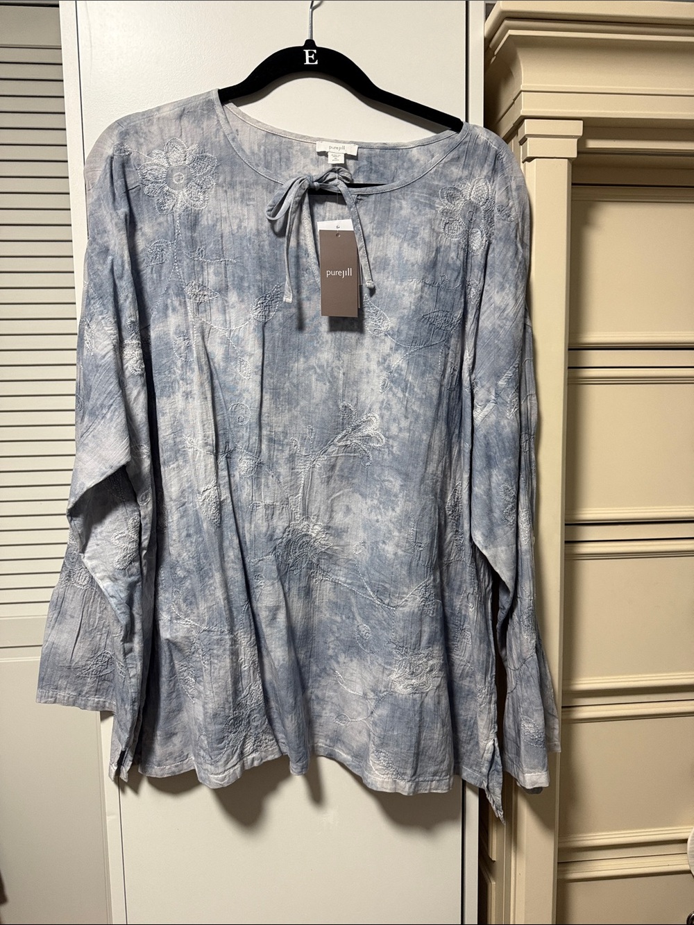 J. Jill Light Blue Embroidered Tie-Neck Tunic